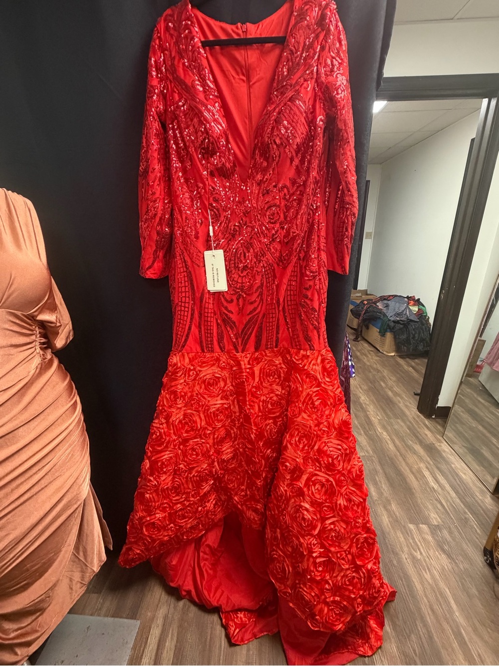 Red Embellished Mermaid Gown - 3/4 Sleeve